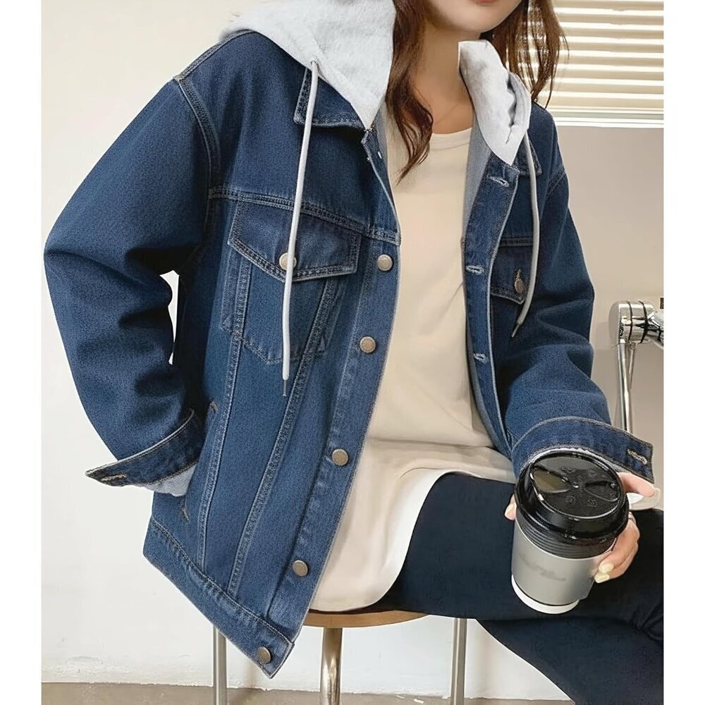 Women's Denim Jacket With Hood Oversized Distressed Jean Jackets Hoodie Z-Blue - Picture 5 of 5